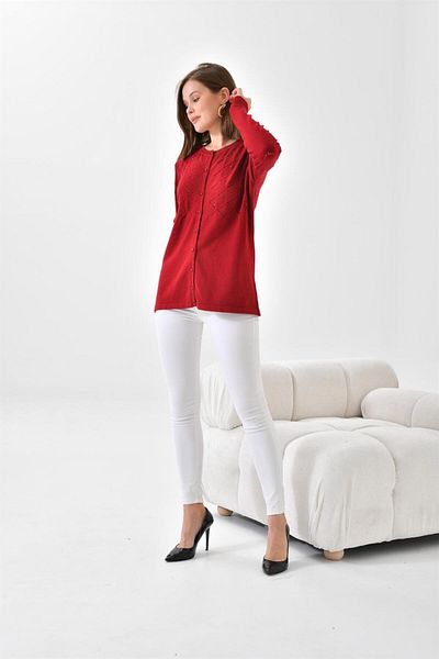 FTZ WOMEN Women's Pearl Detailed Cardigan Claret Red 20048