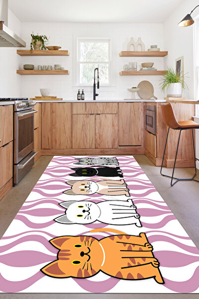 Napoli Home Dijital Baskılı Kedi Figürlü Yıkanabilir Kaymaz Taban Yolluk Salo...