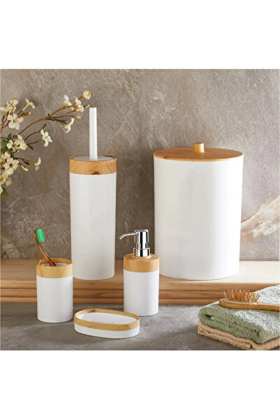 Genel Markalar Limpia Bambu Desenli Krem Renk  5'li Banyo Seti Çöp Kovası, Sıvı Sabunluk, Diş Fırçalık
