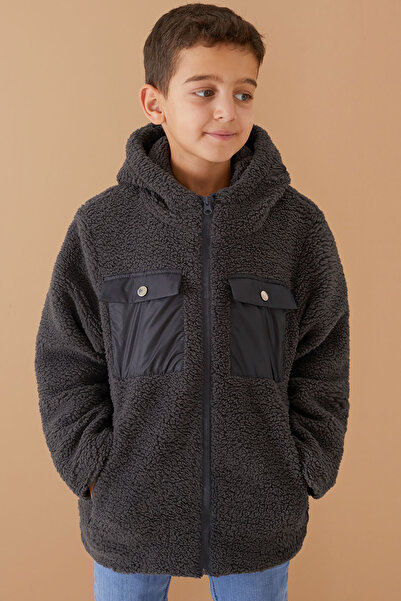 Cansın Mini Boy's Plush Cardigan - Smoke, Chest Pocket, Hoodie, 19503