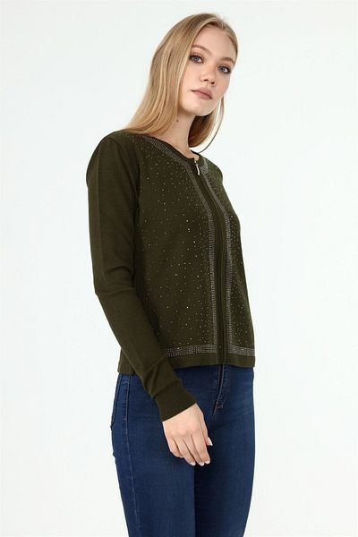FTZ WOMEN Cardigan de damă cu detaliu în piatră în față kaki 21-1351