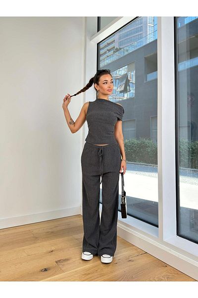 modaçelikler Eldar Women's - Anthracite Corded Short Sleeve Blouse and Wide Leg Trousers Set 24Y854