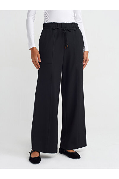 Dilvin 71546 Beli Lastikli Geniş Bacak Pantolon-Siyah