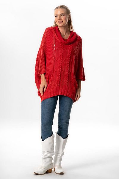 Eliş Şile Bezi Wide Neck Half Sleeve Knitwear Blouse - Autumn and Winter, Red Red