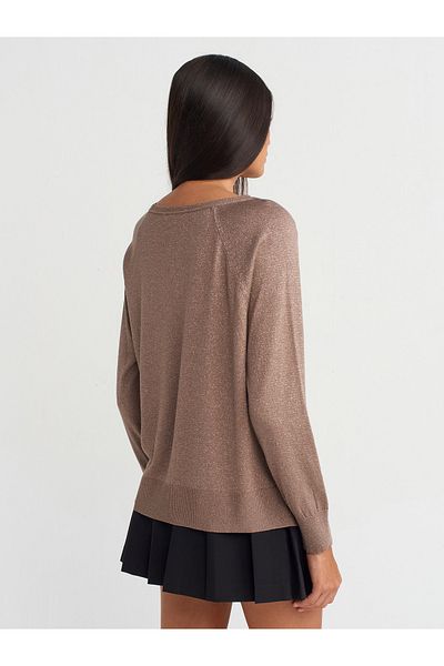 Dilvin 10557 Thin Knitwear Sweater - Crew Neck, Glitter, Basic Mink