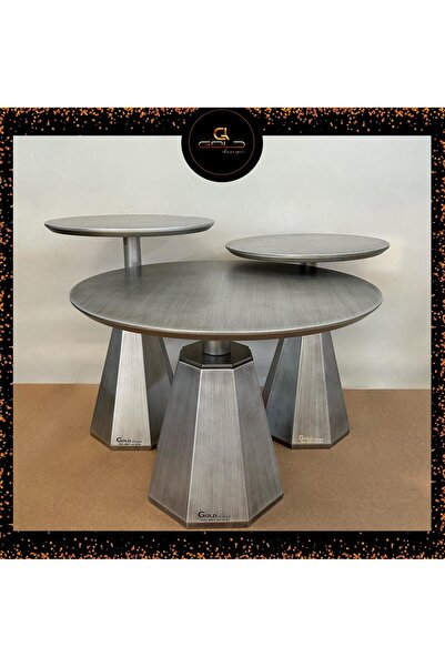 Gold Design Gümüş Eskitme 2 1 Set, Iki Yan Sehpa Ve Bir Büyük Orta Sehpadan O...