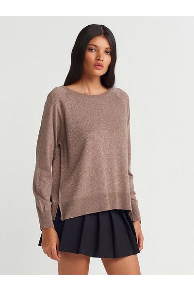 Dilvin 10557 Thin Knitwear Sweater - Crew Neck, Glitter, Basic Mink