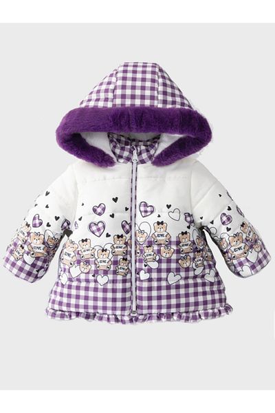 MDM Bear Printed Plush Baby Girl Coat - Ruffle Detailed, Gilded, Fur Hood, Inflatable
