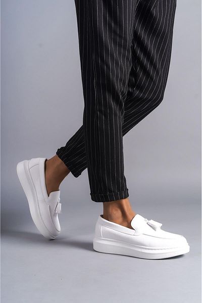 Aymood Pantofi sport pentru bărbați SLW154 Blaze - fără șireturi, cu ciucuri, casual Classic BT White