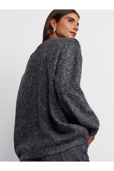 Dilvin 60264 V-Neck Raised Buttoned Knitwear Cardigan-Anthracite