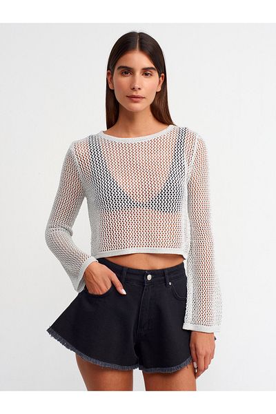 Dilvin 10350 Crew Neck Openwork Pattern Crop Sweater-Light Gray
