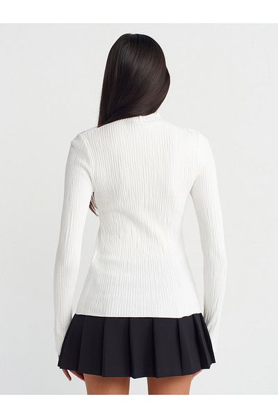 Dilvin 10631 Ecru Stand Collar Thin Textured Knitwear Sweater