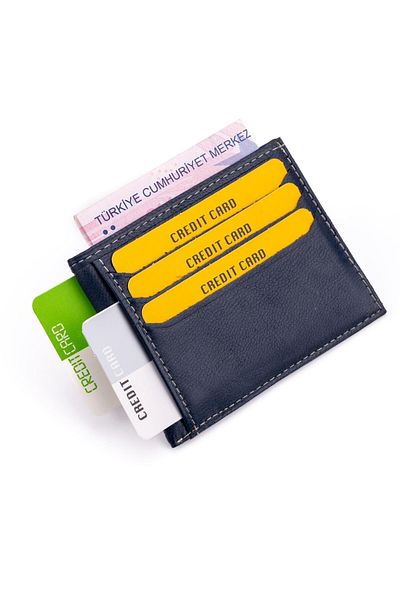 TESBİHKENTİ Classic and Stylish Navy Blue Leather Card Holder Wallet