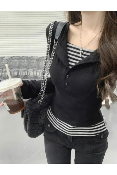 Köstebek Buttoned Black Sweatshirt with Striped Blouse