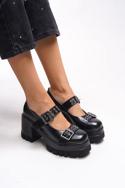 Riccon Γυναικείο Loafer με διπλή πόρπη Lirwenia με τακούνι 00121001   Μαύρο τσαλακωμένο λουστρίνι