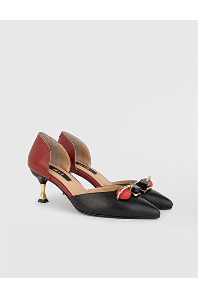 İLVİ Nurdey Hakiki Deri Kadın Siyah Kırmızı Topuklu Ayakkabı