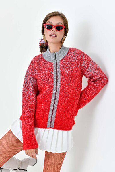 FTZ WOMEN Kadın Fermuar Detaylı Hırka Kırmızı 20870