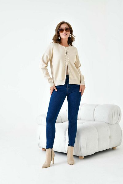 FTZ WOMEN Cardigan de damă cu perle Bej 20808