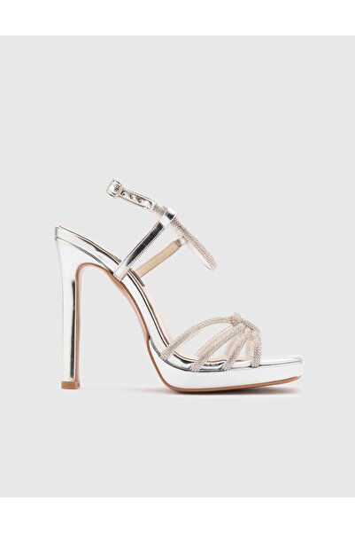 İLVİ Masako Genuine Leather Women's Silver Color Stone Heeled Sandals
