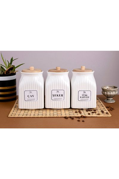 Pembelia Life 3-Piece White Porcelain with Bamboo Lid 800 ml Tea Candy Turkish Coffee Jar Set Storage Jar