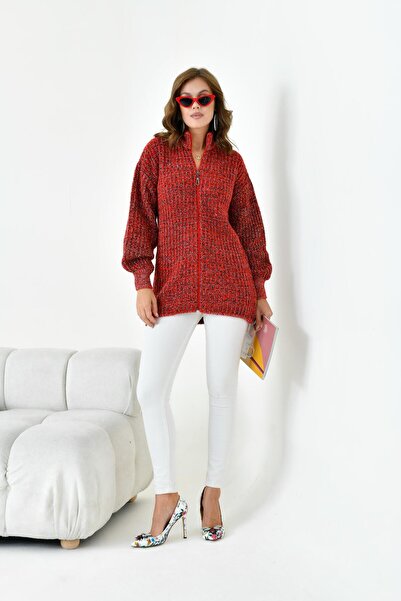 FTZ WOMEN Cardigan de damă cu fermoar degradat roșu 20871