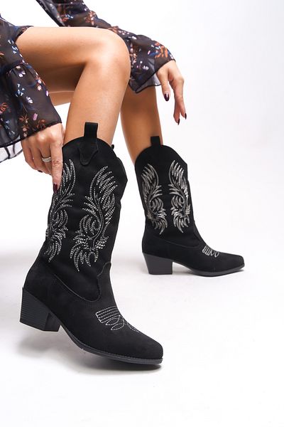 Riccon Dámské westernové boty Ihiovana Black Suede – vyšívané, 001288
