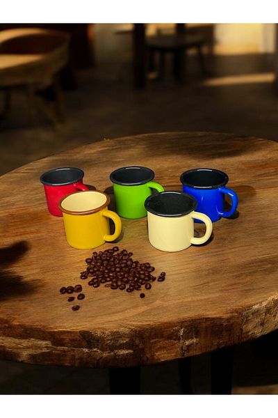 qussine 350 ml Enameled Coffee Cup with Cord - Camper Cup and Colorful Set of 5