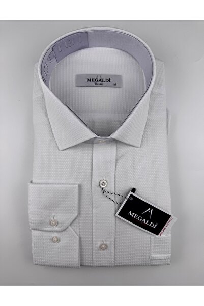 MEGALDİ Erkek Beyaz Klasik Kesim Uzun Kollu Kendinden Desenli Gömlek