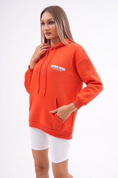 ŞİMAL Γυναικείο φούτερ με κουκούλα με λεπτομέρεια εκτύπωσης στην πλάτη και τσέπη καγκουρό με τρεις κλωστές 255026 -