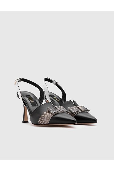 İLVİ Mincarlie Genuine Snake Leather Women's Black Heeled Sandals