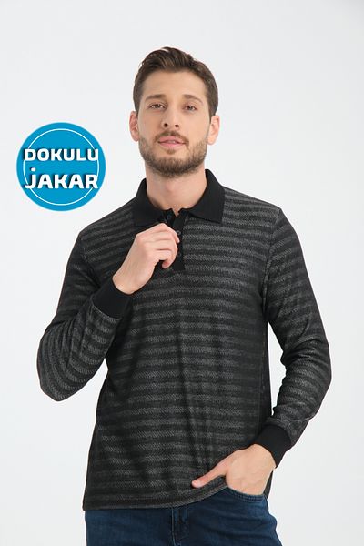 GW Мъжки пуловер с плетена поло яка и копчета BOVEC, текстуриран жакард, стандартна кройка
