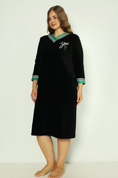 İntensive Γυναικείο φόρεμα Navy Blue Plus με μανίκια τριών τετάρτων, βαμβακερή βελούδινη πέτρα και εμπριμέ πράσινο γιακά με λεπτομέρειες