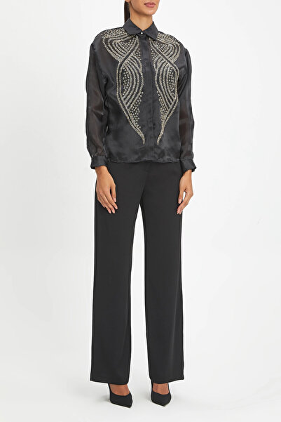 SERPİL Transparan Uzun Kollu Altın Işlemeli Şık Siyah Gömlek 39901