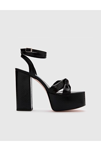 İLVİ Alcott Yılan Desenli Hakiki Deri Kadın Siyah Topuklu Sandalet