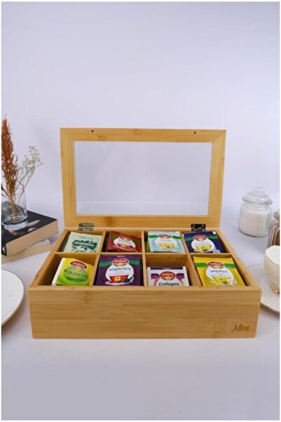 STOREMAX Bambu Çay Kutusu 8 Bölmeli Kapaklı Bitki Çayı Saklama Kabı 30x20x9cm.