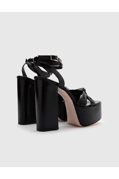 İLVİ Alcott Yılan Desenli Hakiki Deri Kadın Siyah Topuklu Sandalet