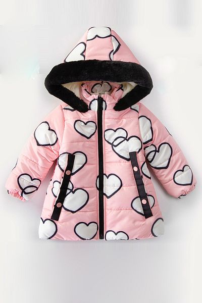 MDM New Baby Girl Coat - Cute, Heart Printed, Furry Pocket, Hooded, Soft Fabric, Plush Inflatable Inside