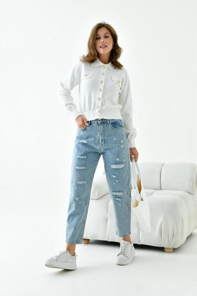 FTZ WOMEN Cardigan de damă ornamentat cu buzunar Ecru 20857