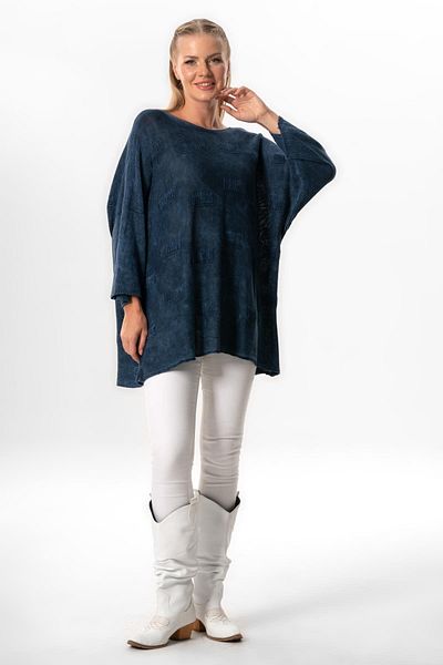 Eliş Şile Bezi Asymmetric Cut Authentic Knitwear Blouse - Flare Sleeve, Hira Autumn and Winter, Indigo Indg