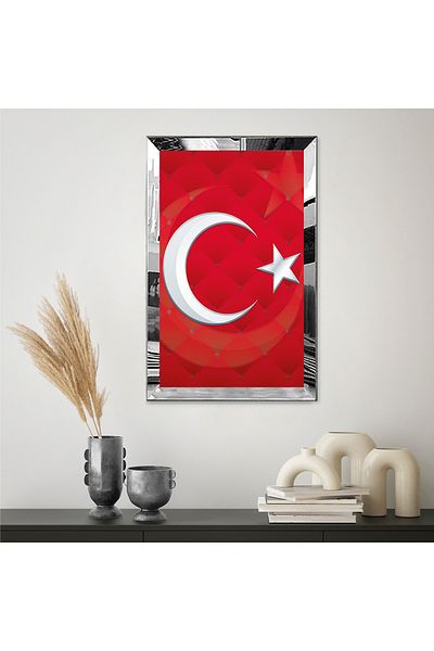 Zevahir Mobilya Dekorasyon Masa din MDF cu rama din plexiglas cu oglinda argintie si fundal rosu