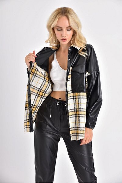 FTZ WOMEN Women's Leather Detail Plaid Jacket Black20222509
