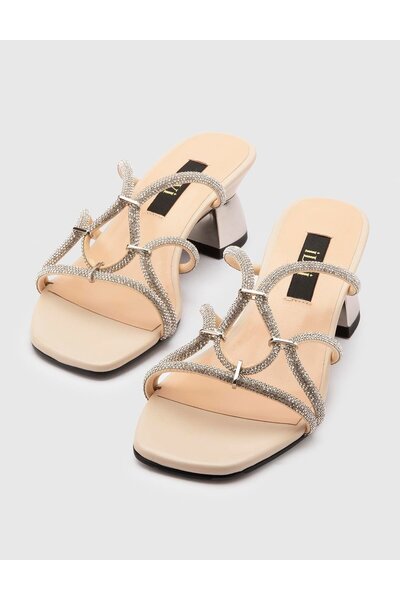 İLVİ Nerida Genuine Suede Leather Stoned Women's Silver Color Heeled Slippers