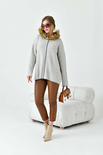 FTZ WOMEN Cardigan de damă cu detalii de blană bej 20733