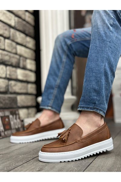 Byshoes BA0154 Laceless High Sole Leather Tan Tassel Men's Shoes