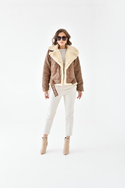 FTZ WOMEN Kadın Kürk Detay Kaban Kahve RBN4063
