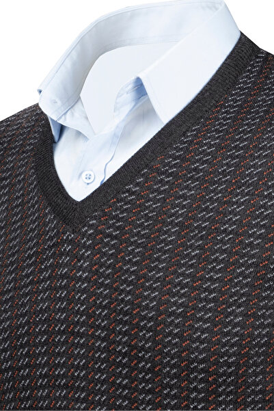 Çizgi Triko Ανδρικό πλεκτό πουλόβερ με λαιμόκοψη V - Διακοσμημένα μπράτσα και ελαστική μέση, ατσάλινο πλεκτό κλασικό σχέδιο - 5010D