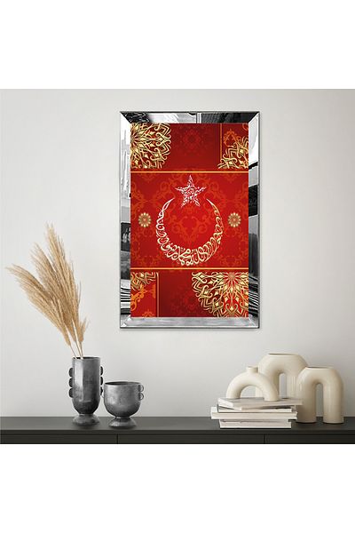 Zevahir Mobilya Dekorasyon Masa din MDF Moon Star Single cu cadru din plexiglas cu oglinda argintie si fundal rosu