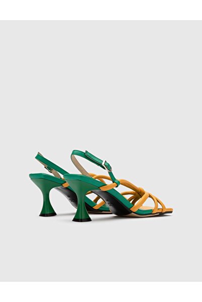 İLVİ Nega Genuine Leather Women's Mustard Green Heeled Sandals