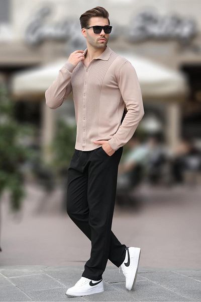 Madmext Μπεζ ανδρικό πουλόβερ με ριγέ κουμπιά με λαιμόκοψη 7281