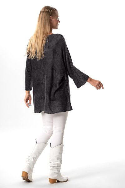 Eliş Şile Bezi Geniş Kol Hira Sonbahar ve Kışlık Asimetrik Kesim Otantik Triko Bluz Füme Fm